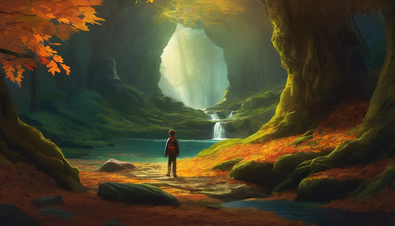 A boy enters a glowing cave in an autumn forest, watched by a moss-covered guardian.