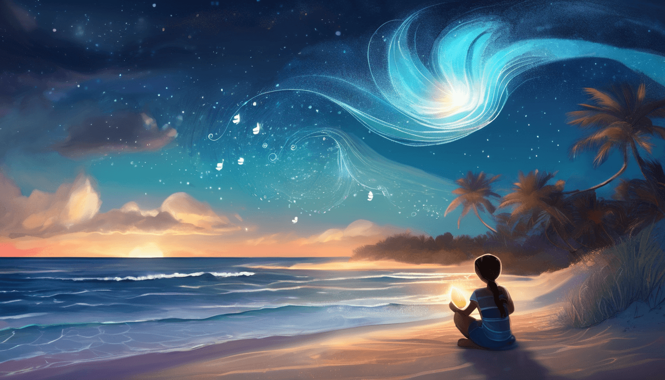 Child on a night beach holding a glowing seashell with musical notes, magical sea and sky in the background.