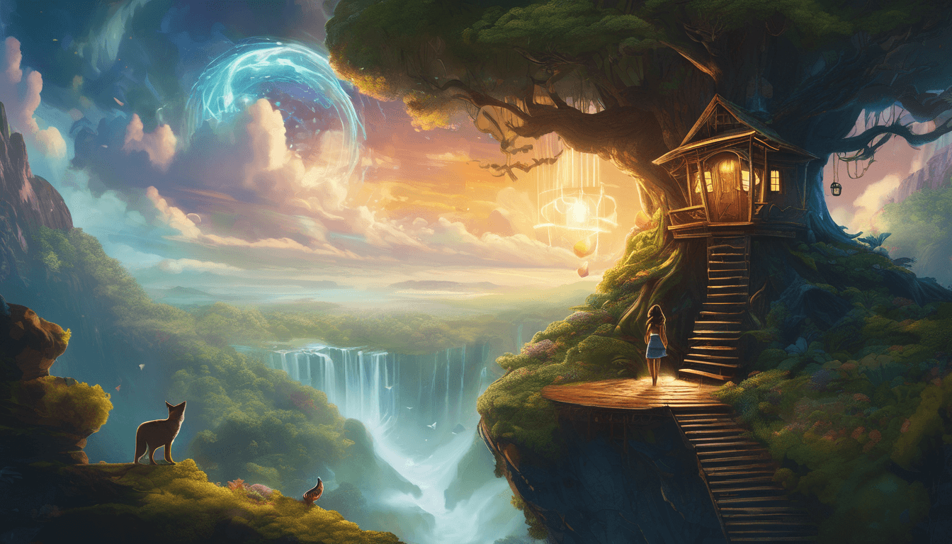 Two friends at a glowing portal in a treehouse, one with wings taking flight, animals nearby, storm outside.