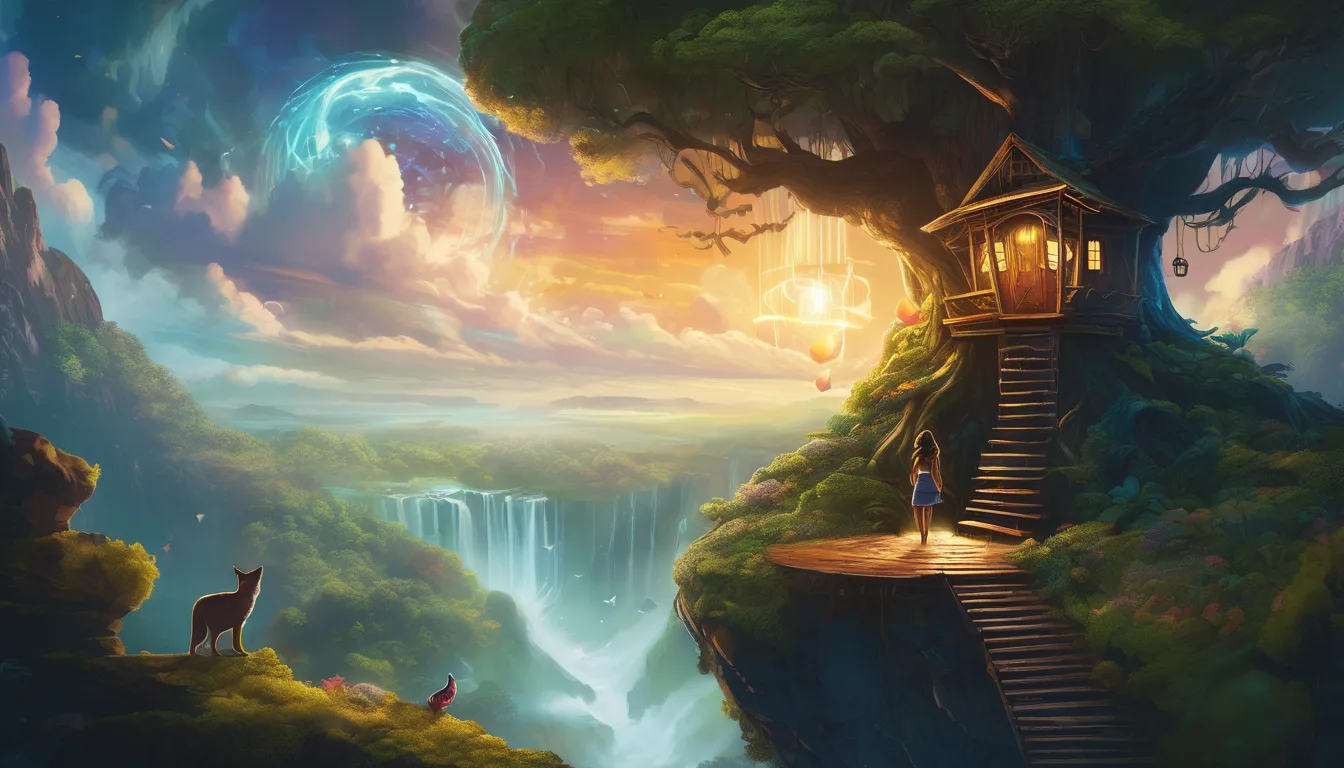 Two friends at a glowing portal in a treehouse, one with wings taking flight, animals nearby, storm outside.