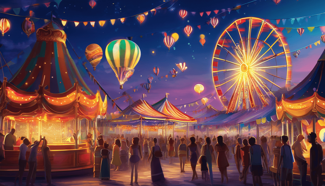 A magical summer carnival at twilight with glowing booths and floating tokens.