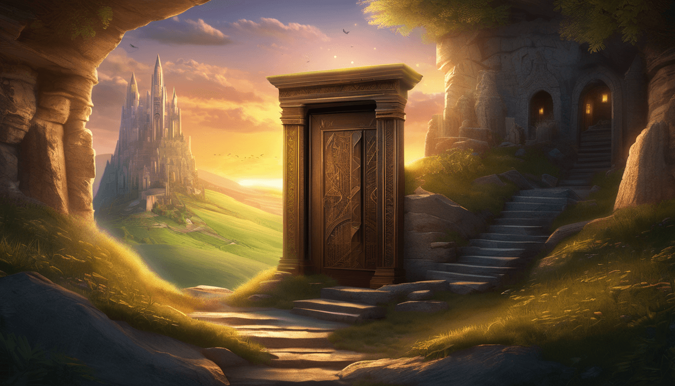 A glowing underground city of owls and books revealed by a hidden door on a summer hill.