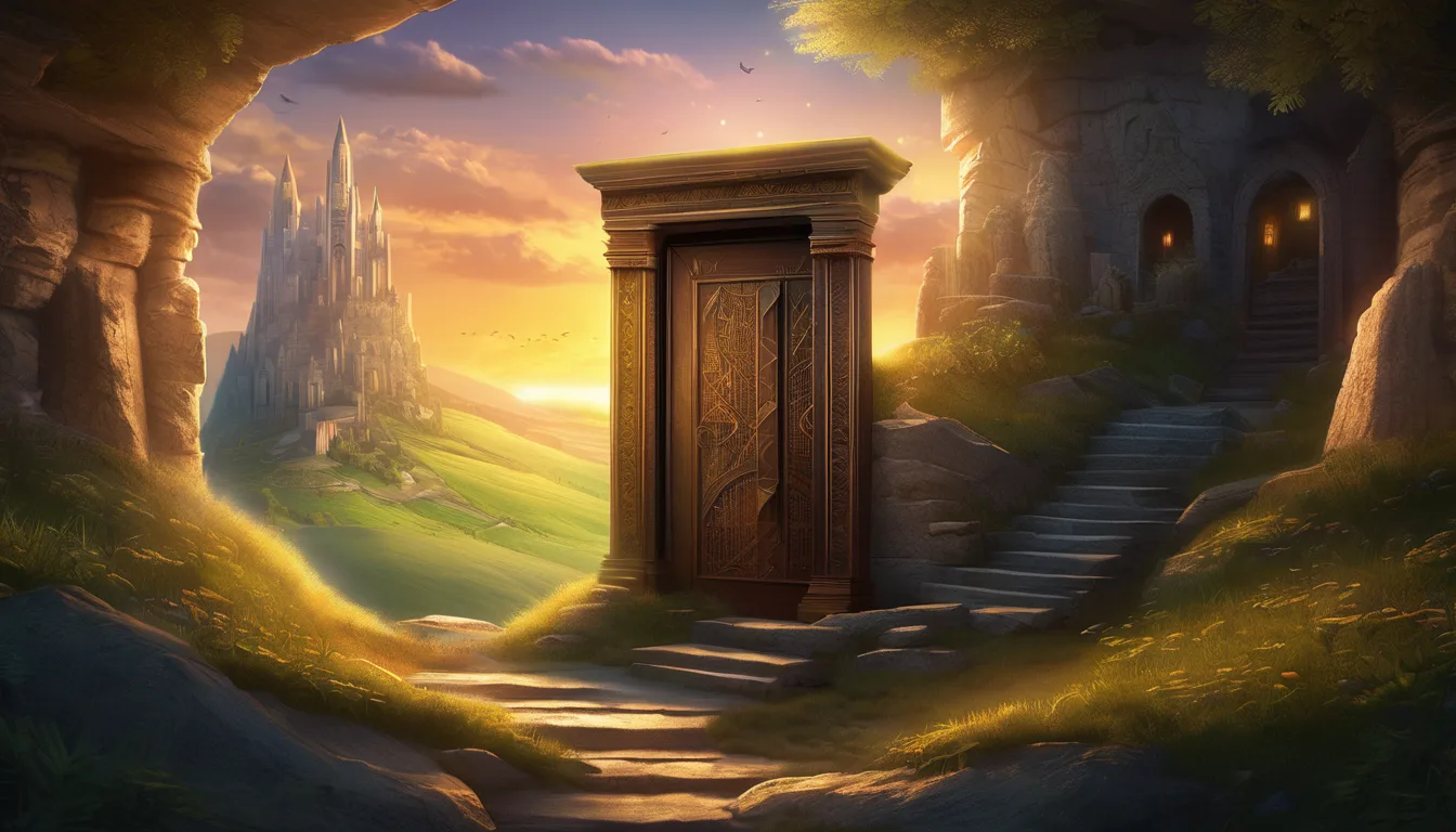 A glowing underground city of owls and books revealed by a hidden door on a summer hill.