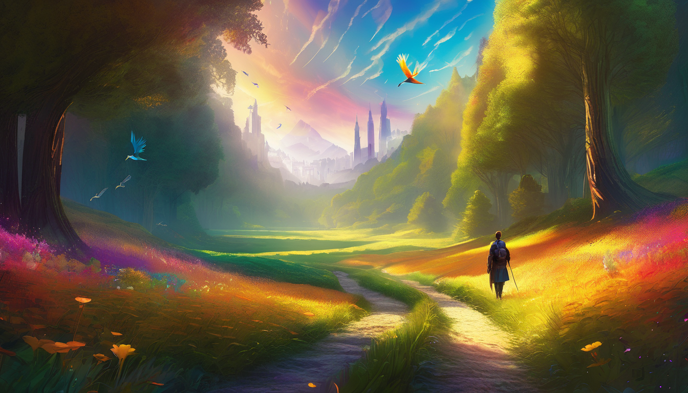 A person follows glowing feathers toward a magical forest with colorful birds.