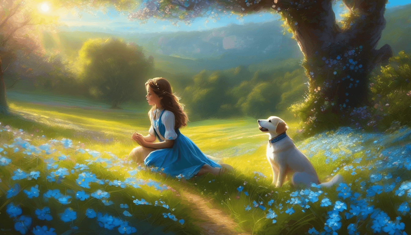 A girl with a puppy in a meadow, glowing creatures, forget-me-nots, and a sparkling collar.