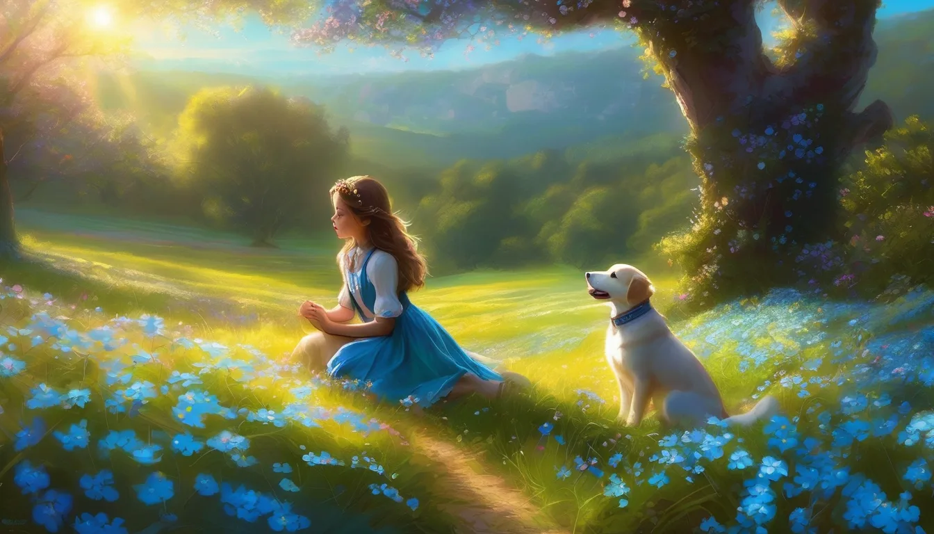 A girl with a puppy in a meadow, glowing creatures, forget-me-nots, and a sparkling collar.