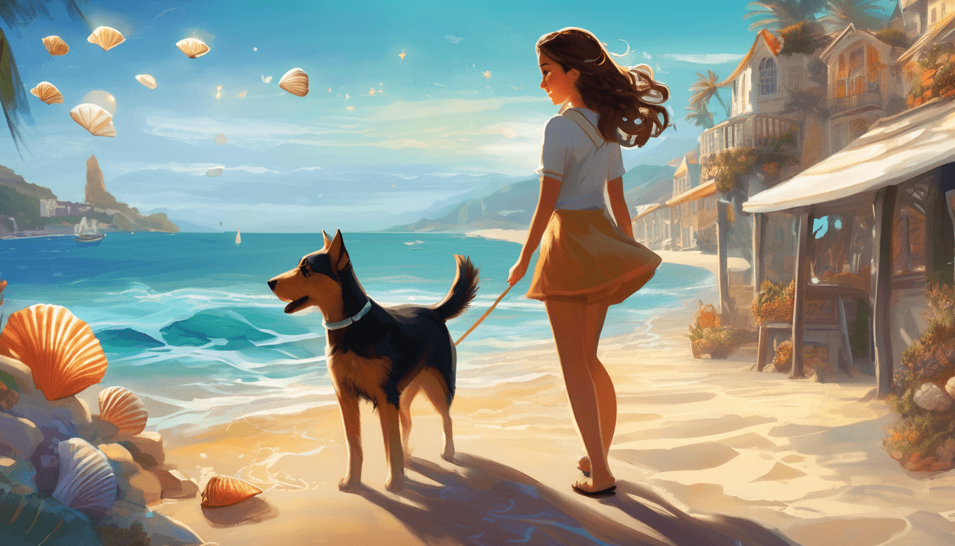A girl and her terrier exploring a coastal town with glowing magical seashells.