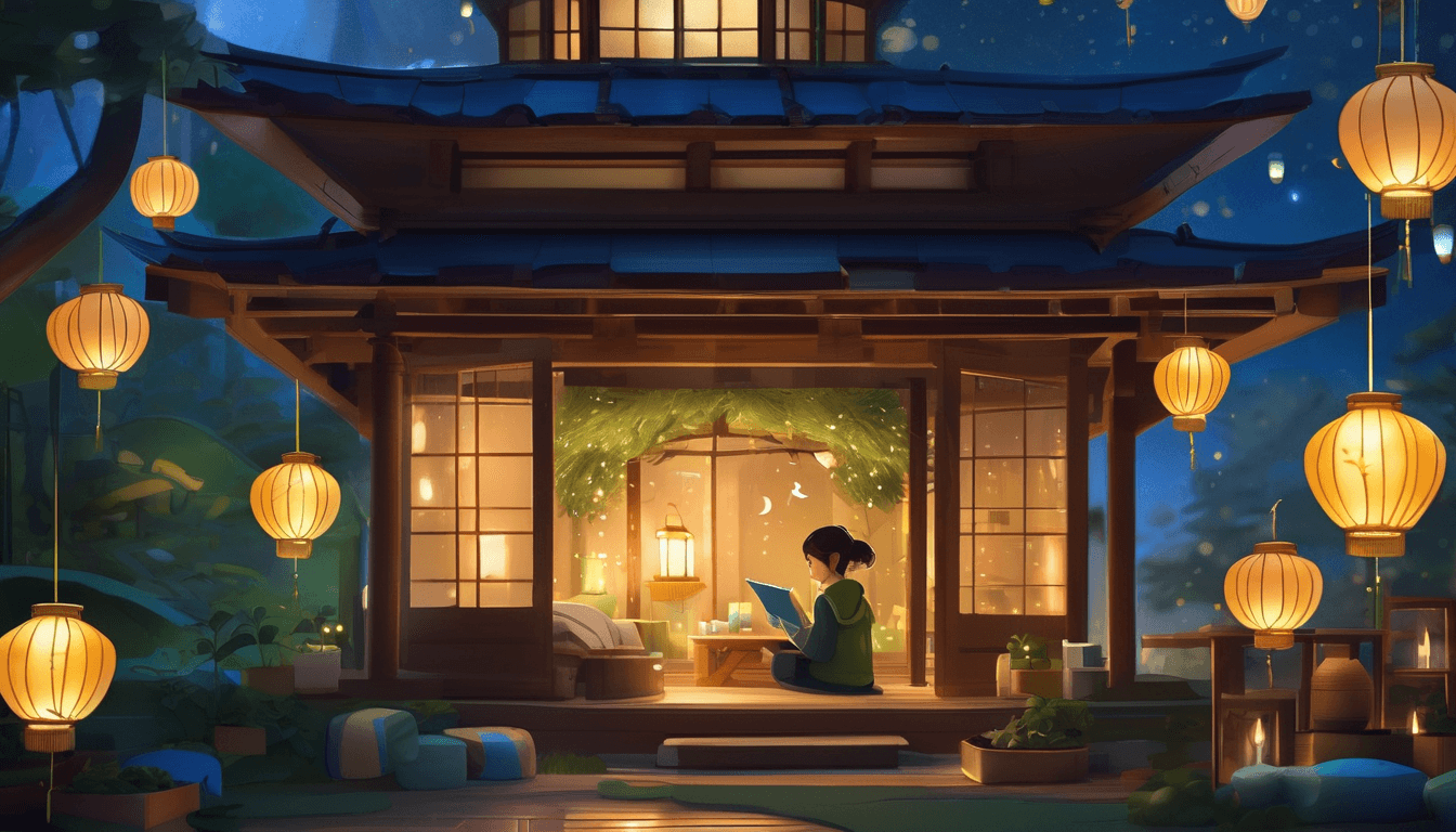 A friendly robot arranges glowing lanterns at a cozy rainy evening festival.
