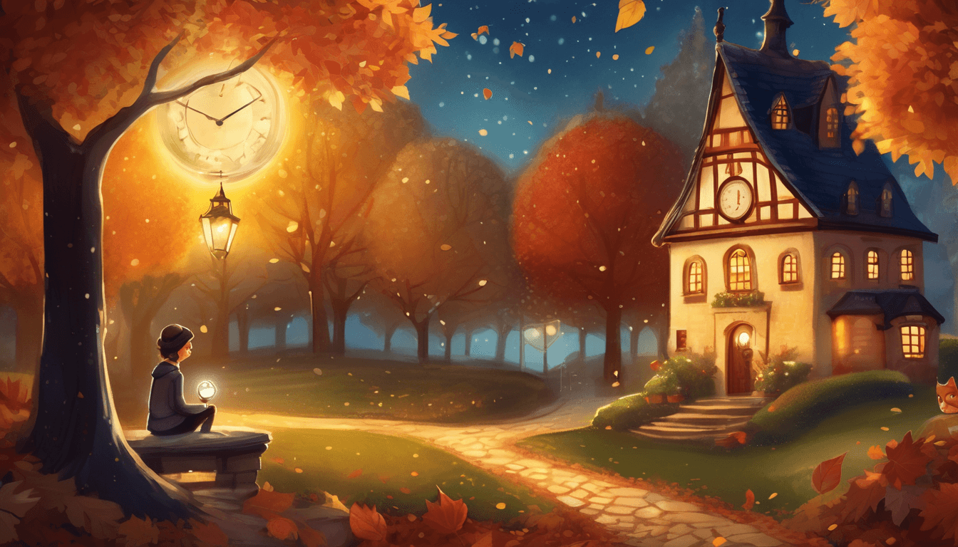 Small traveler and talking trousers discovering a gleaming key beneath autumn leaves in a moonlit garden.