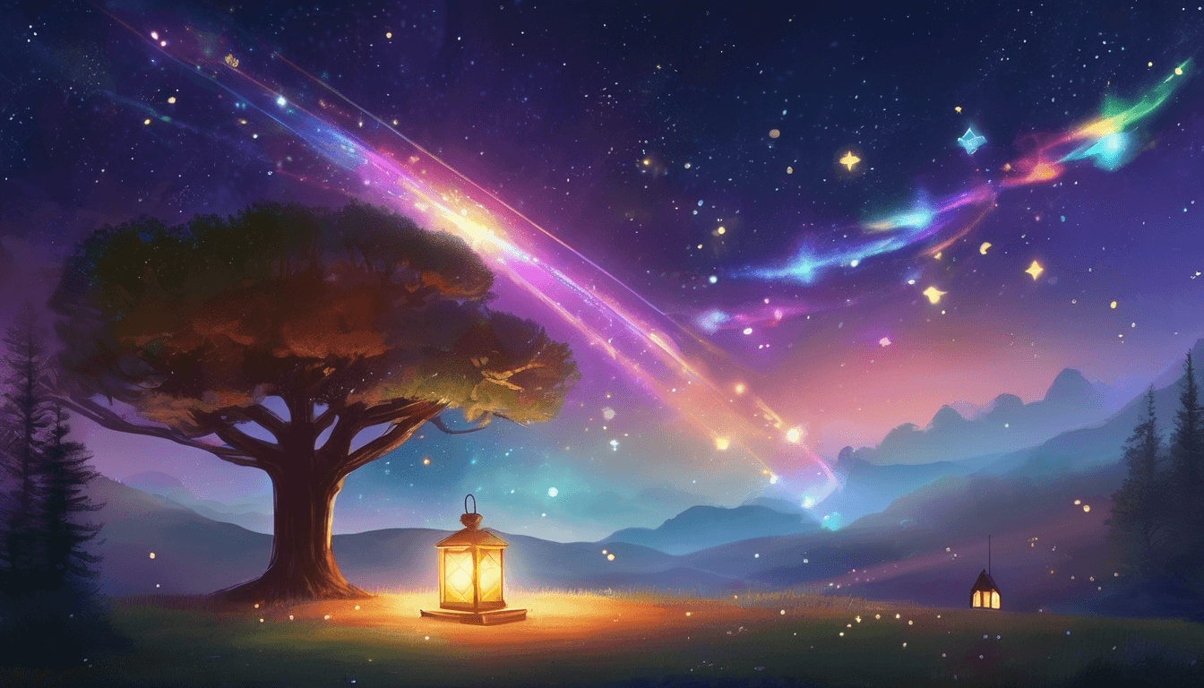 A small spacecraft guiding seven lost satellites through colorful cosmic mist toward a glowing lantern-shaped constellation.