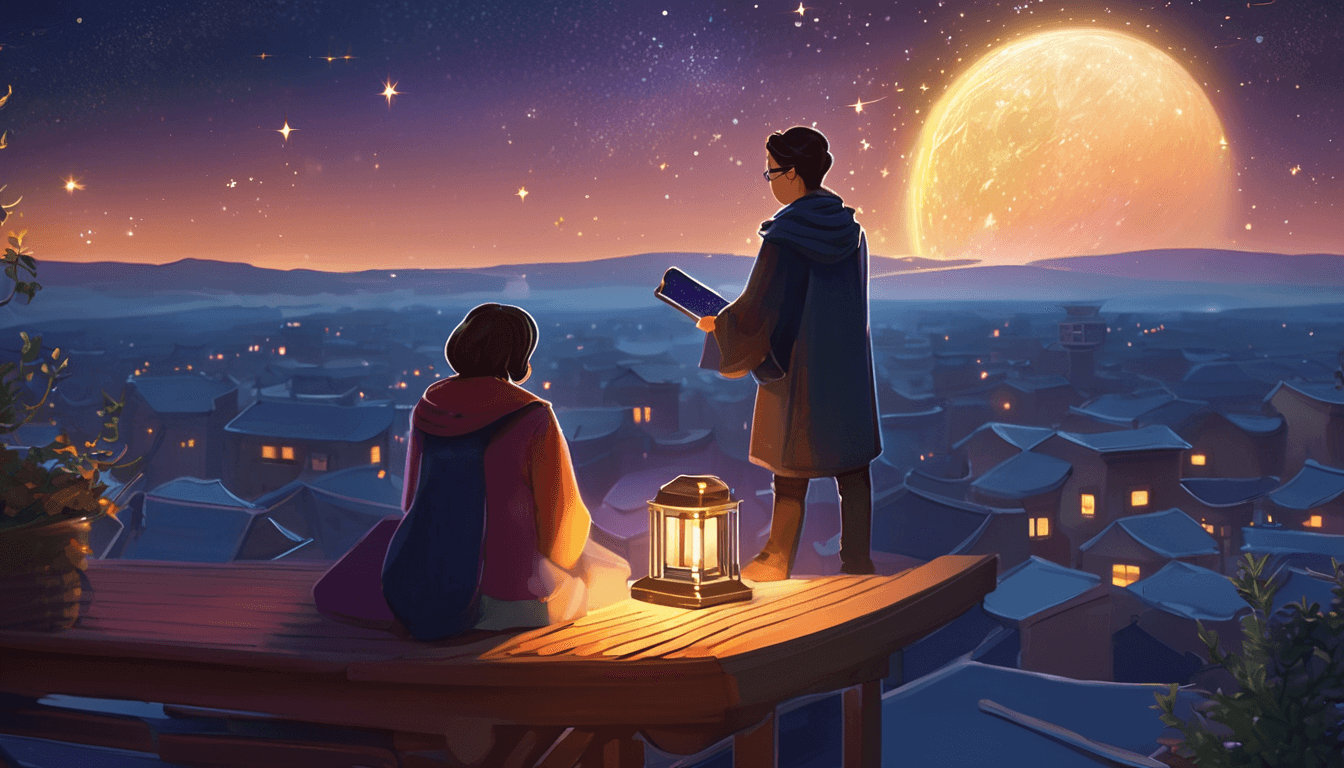 Astronomer and grandmother viewing a boat-shaped constellation through a telescope on a twilight rooftop.