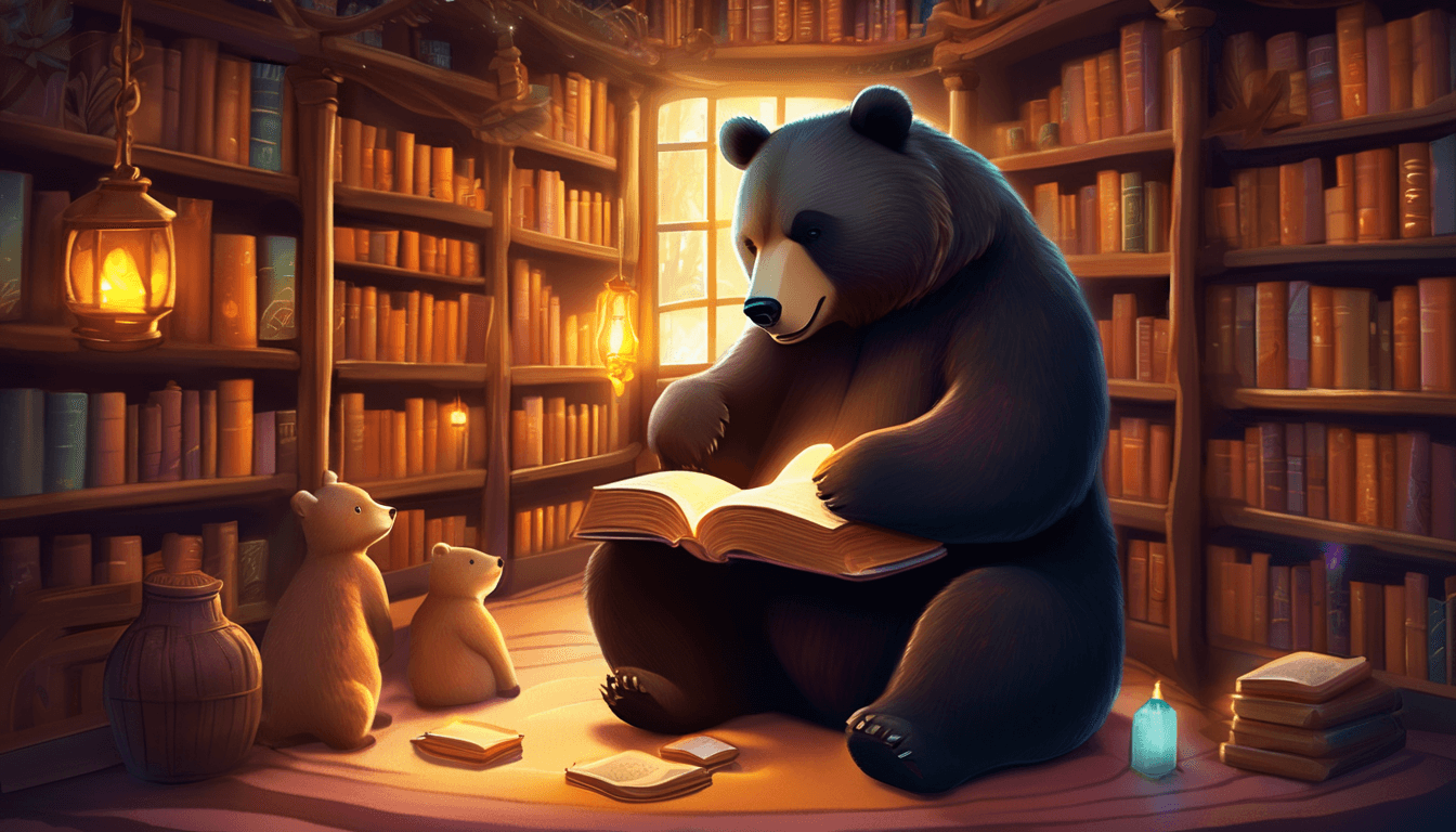 A gentle bear in a magical library with glowing scent bottles and friendly forest animals.