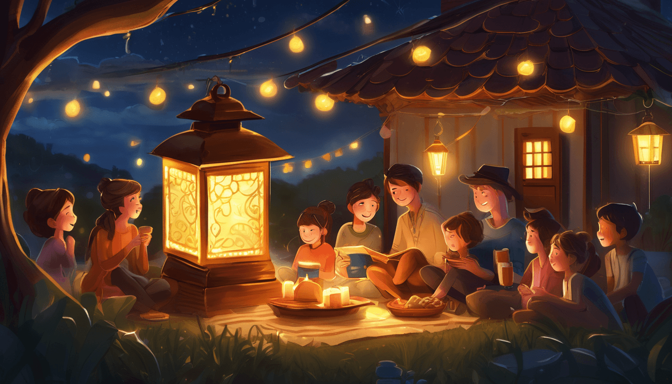 Family gathered around a glowing box of heirlooms during a midnight storm.