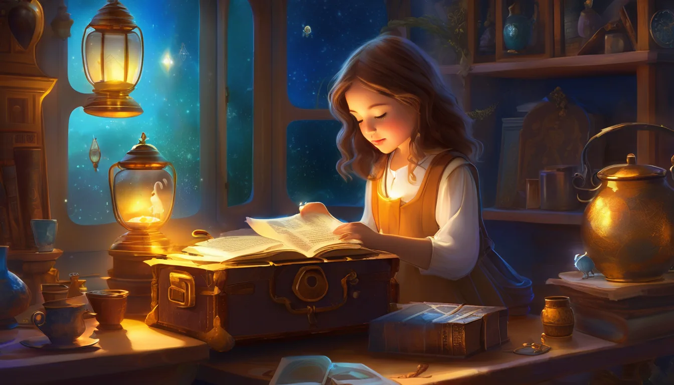 A girl examines a chipped blue cup among glowing futuristic treasures in a whimsical museum.