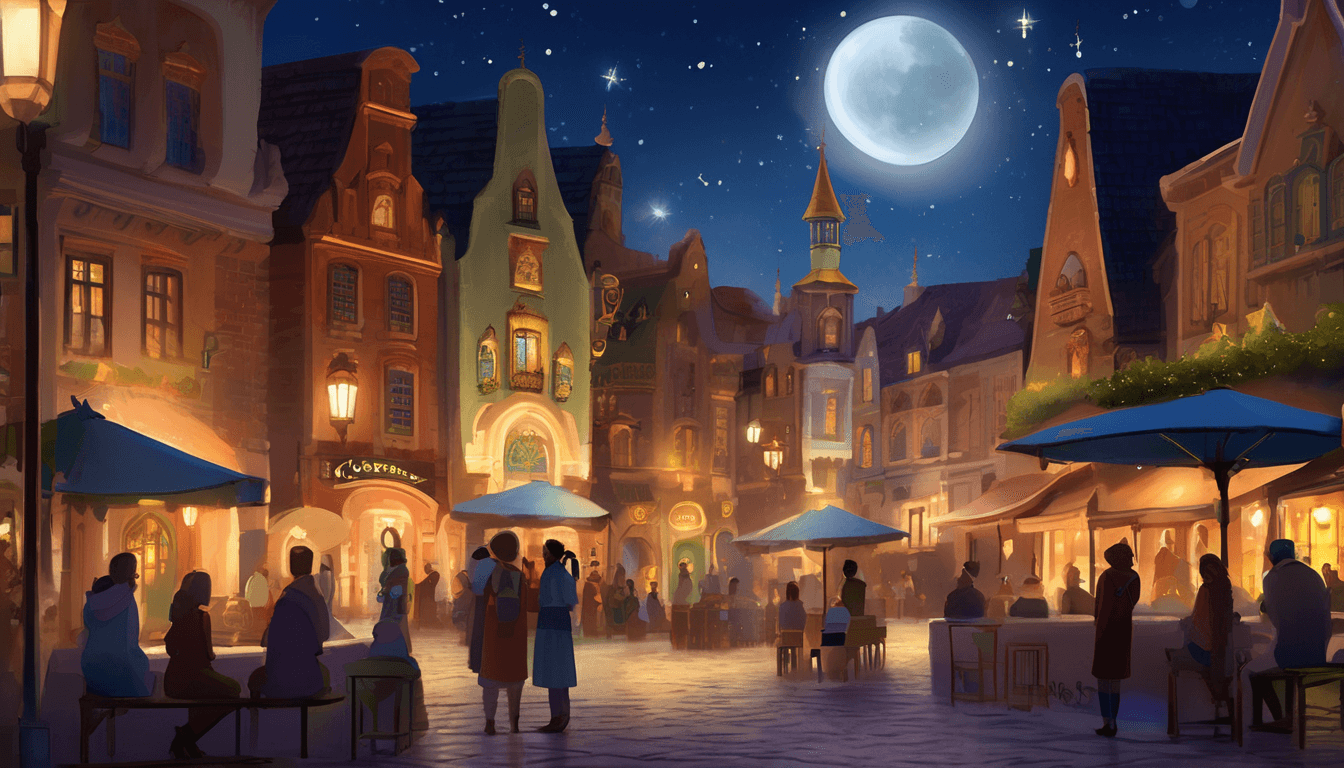 Seven enchanted statues glowing with symbols as townspeople gather in a moonlit square.