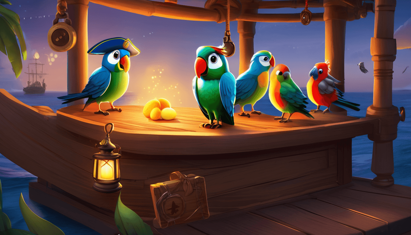 Parrot pirate captain and bird crew perform a playful mystery on a ship’s deck.