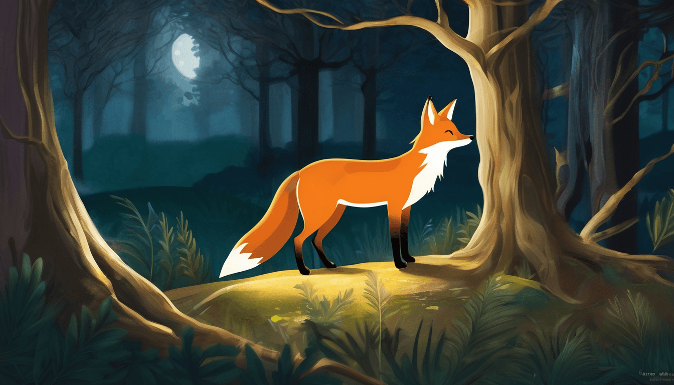 A brave fox watches over a resting deer in a moonlit forest surrounded by friendly woodland animals.
