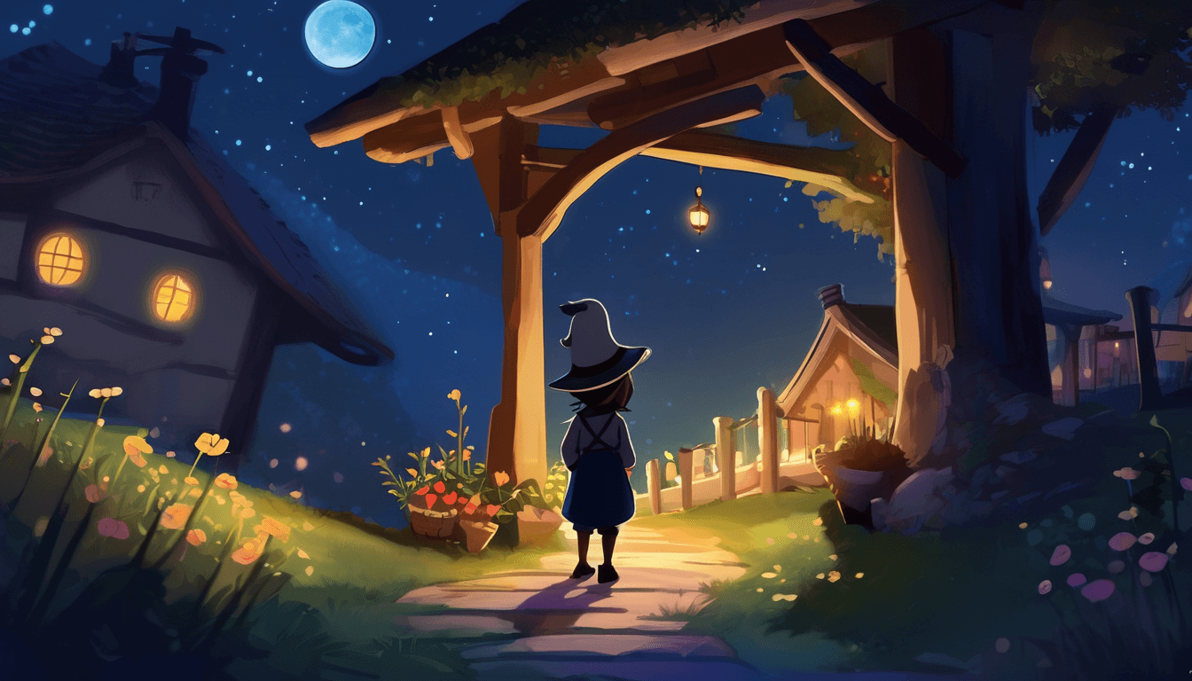 A small figure guides glowing shadows through a moonlit village.