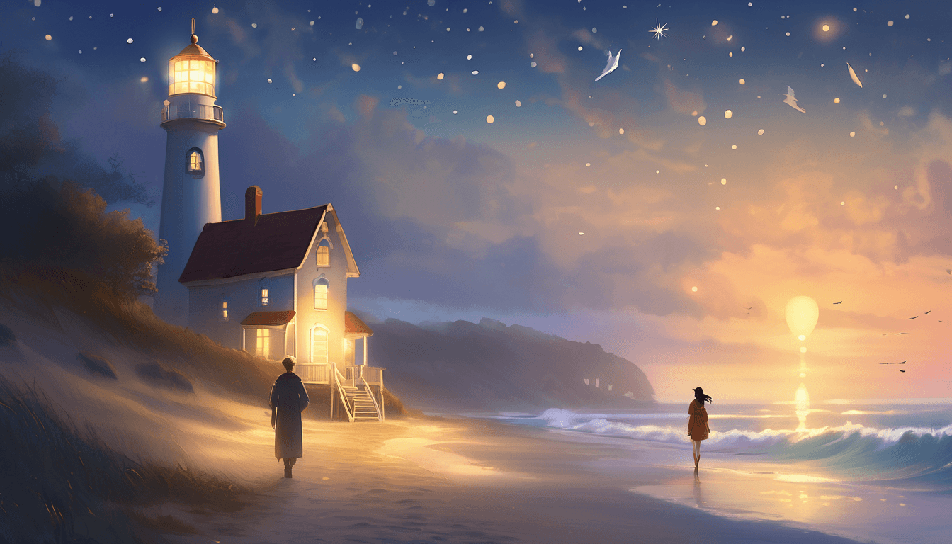 A friendly walking lighthouse guides a caretaker along a shimmering shore at night.