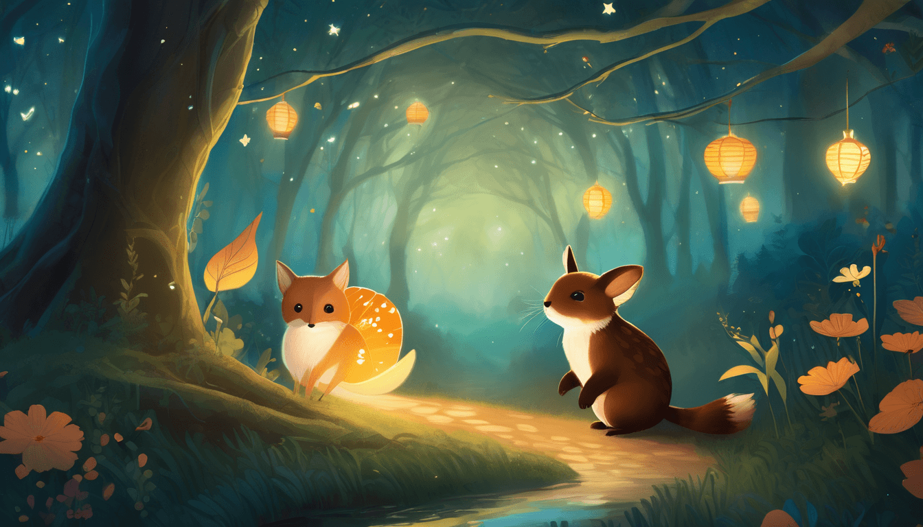 A gentle moth guiding woodland animals through a glowing willow forest at night.