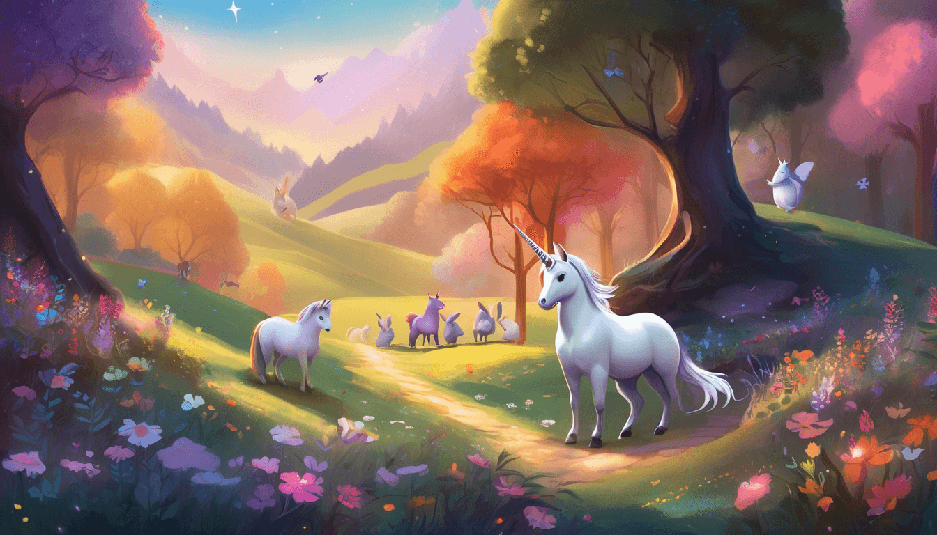Singing unicorns comfort rabbits, a badger, and a mouse in a glowing twilight valley.