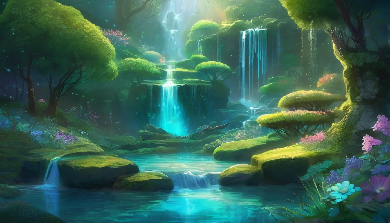 A luminous river spirit discovers a crystal pool cradled in ancient stone hands in a hidden mountain garden.