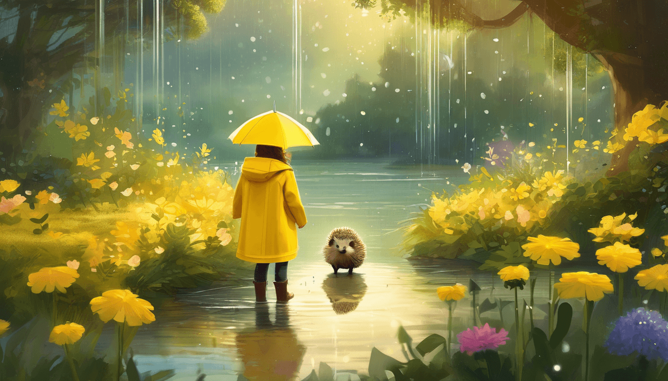 A yellow raincoat twirling in a sunshower among glowing flowers, a pond, and hedgehogs.
