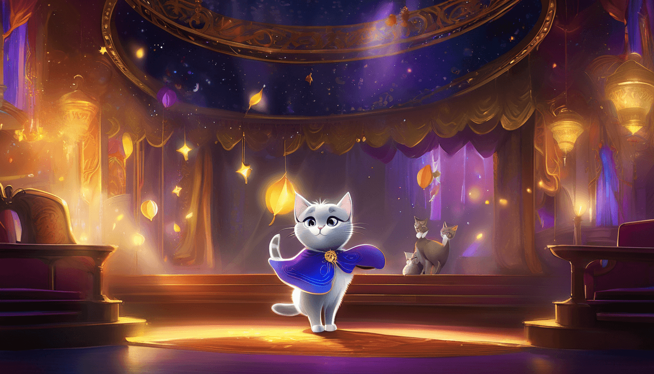 Silver-gray cat in a moonlit theater with dancing enchanted costumes and a gentle keeper below the stage.