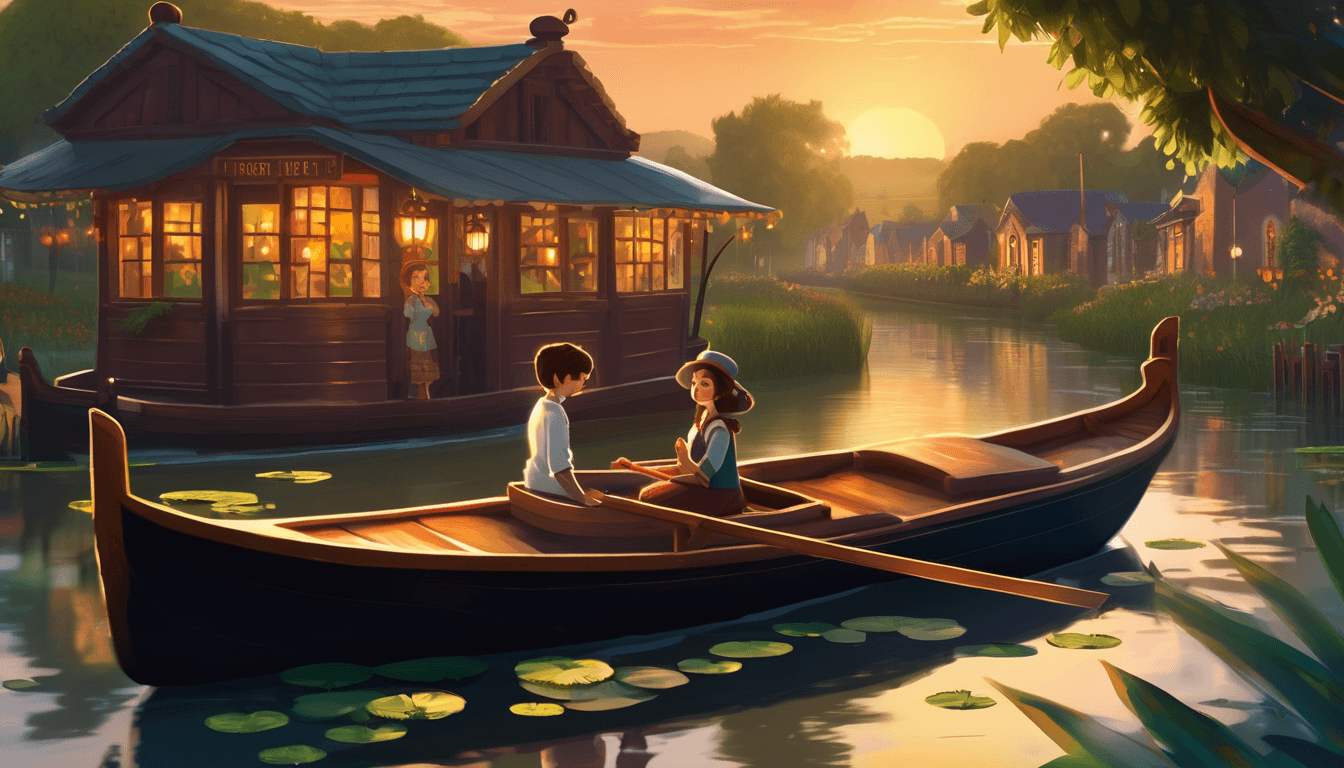 Two siblings cruise a restored canal boat past villagers repairing locks and tending flower-filled banks.