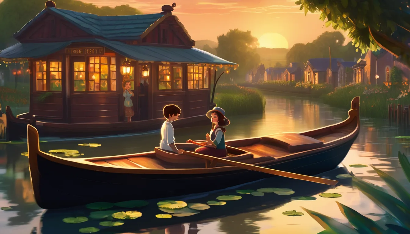 Two siblings cruise a restored canal boat past villagers repairing locks and tending flower-filled banks.