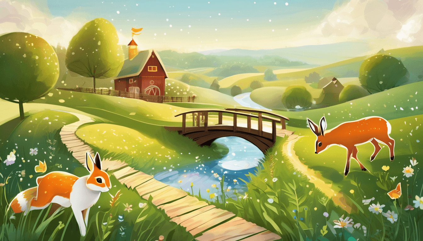 Paper bridge carrying cheerful meadow animals toward magical branching paths.