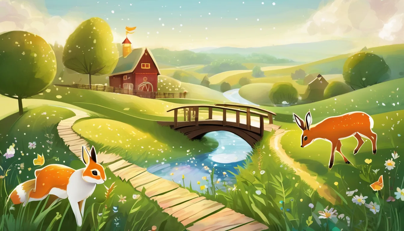 Paper bridge carrying cheerful meadow animals toward magical branching paths.