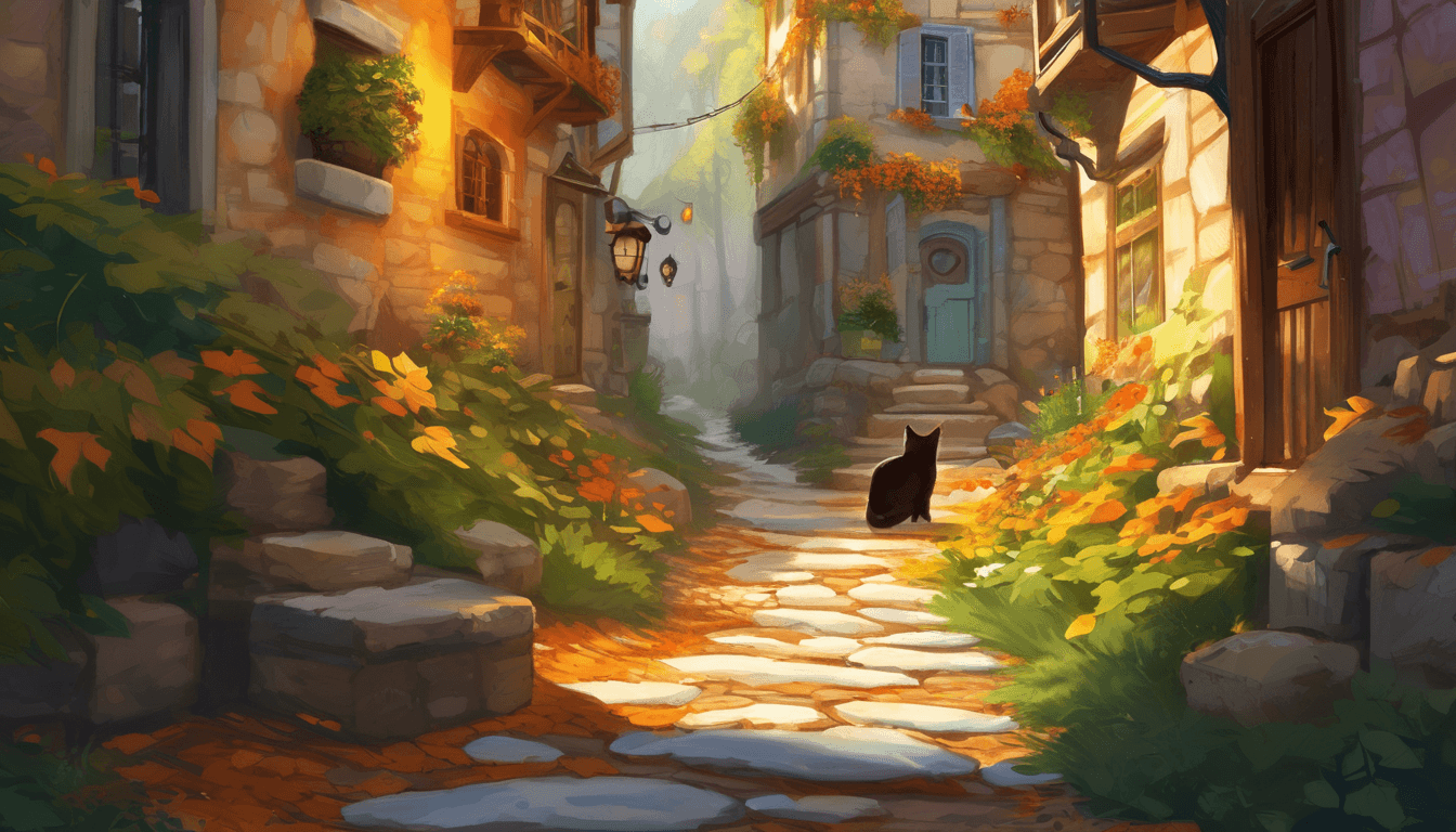 Curious tabby cat exploring a magical alley across all four seasons.