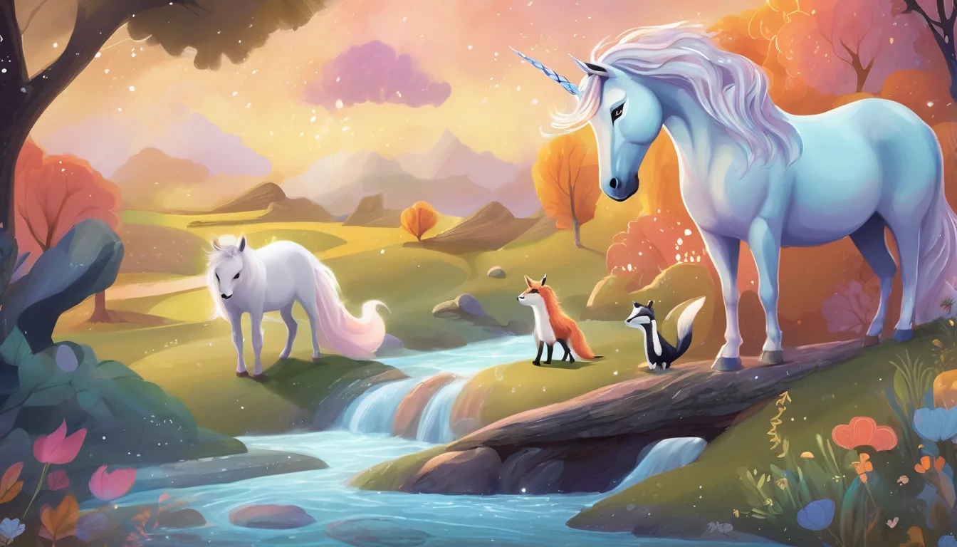 A unicorn and woodland friends guide a rain cloud beside a dry stream.