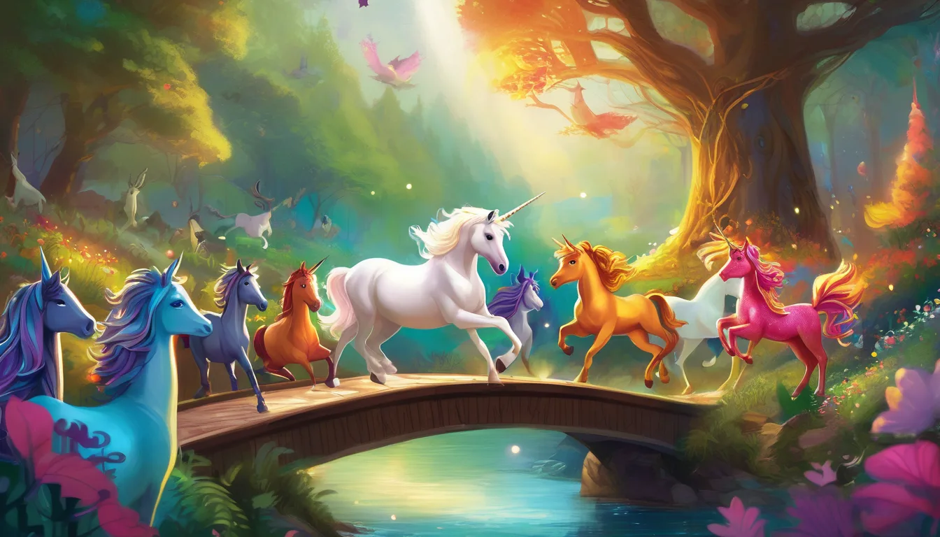 A radiant unicorn and woodland animals work together to rebuild a bridge with glowing magic.