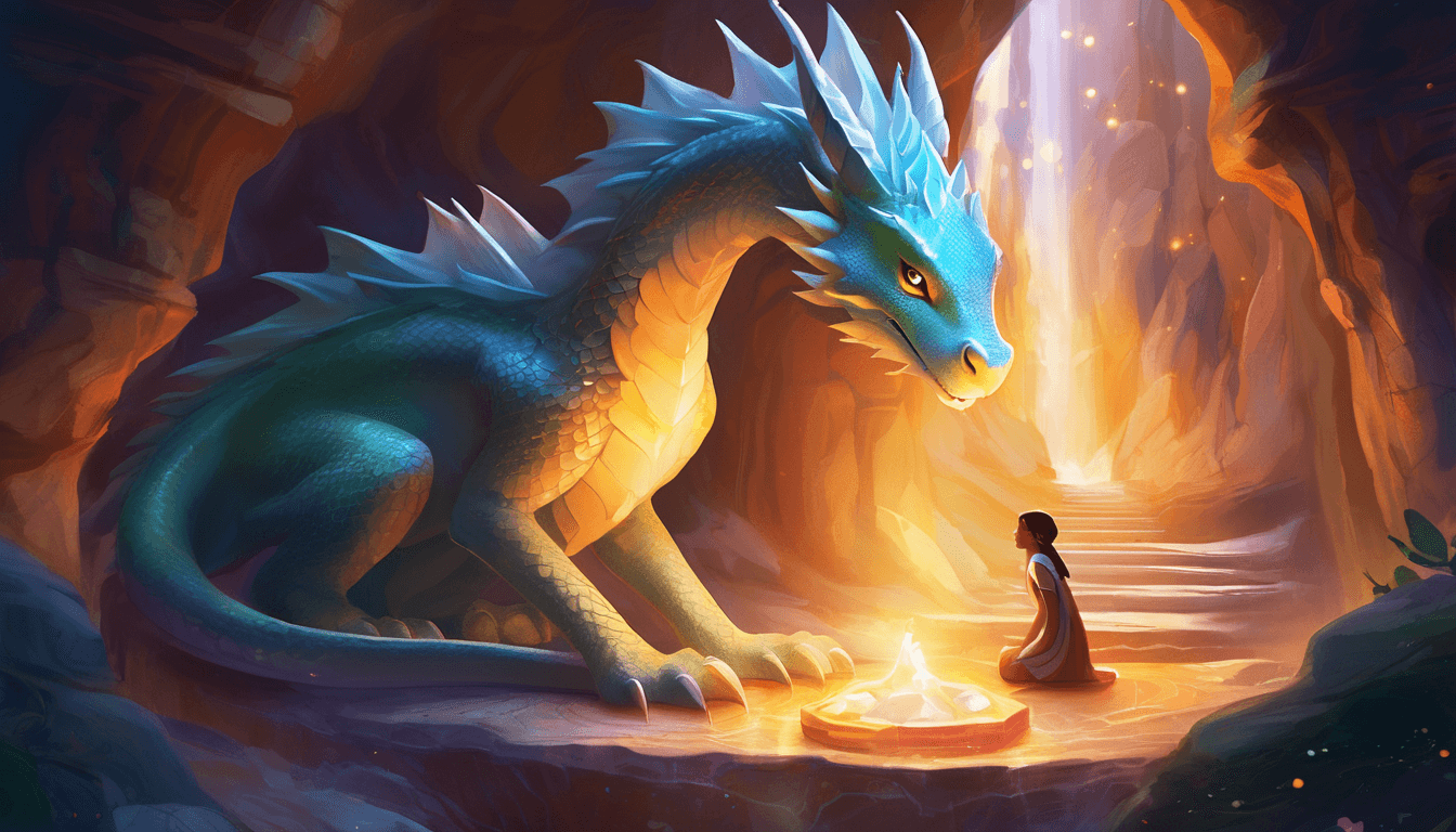 Gentle dragon guarding a glowing moonstone as a remorseful girl offers an apology in a warm crystal cavern.