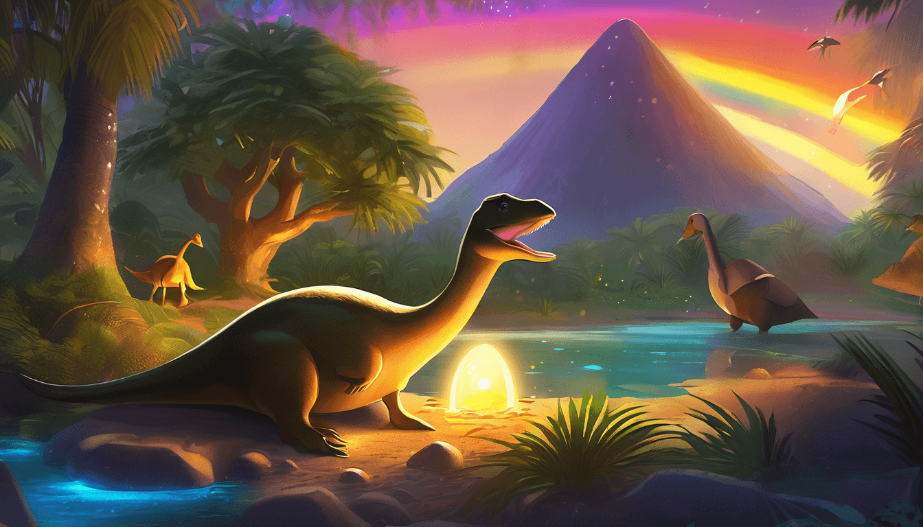 Duck-billed dinosaurs caring for glowing nests and eggs in a lush prehistoric chamber.